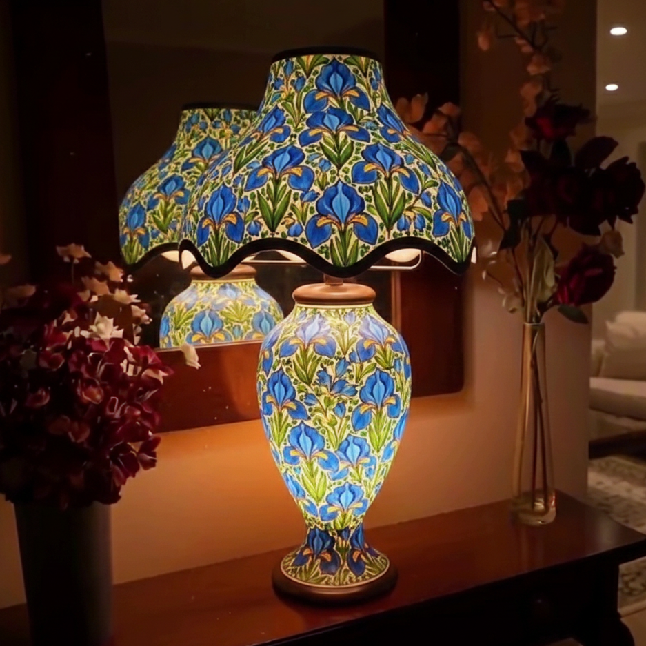 Handmade Blue Iris Camel Skin Table Lamp – Sheesham Wood Base | Traditional Pakistani Art Decor